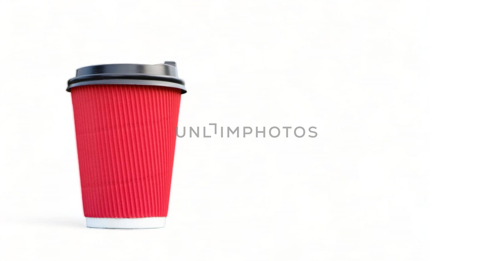 Paper disposable red glass of tea or coffee with black plastic lid isolated on white background. Takeaway food. Nobody. Place for an inscription