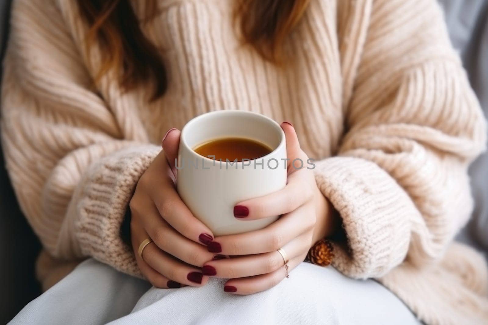 A close up shot of a girl's hands holding a mug.