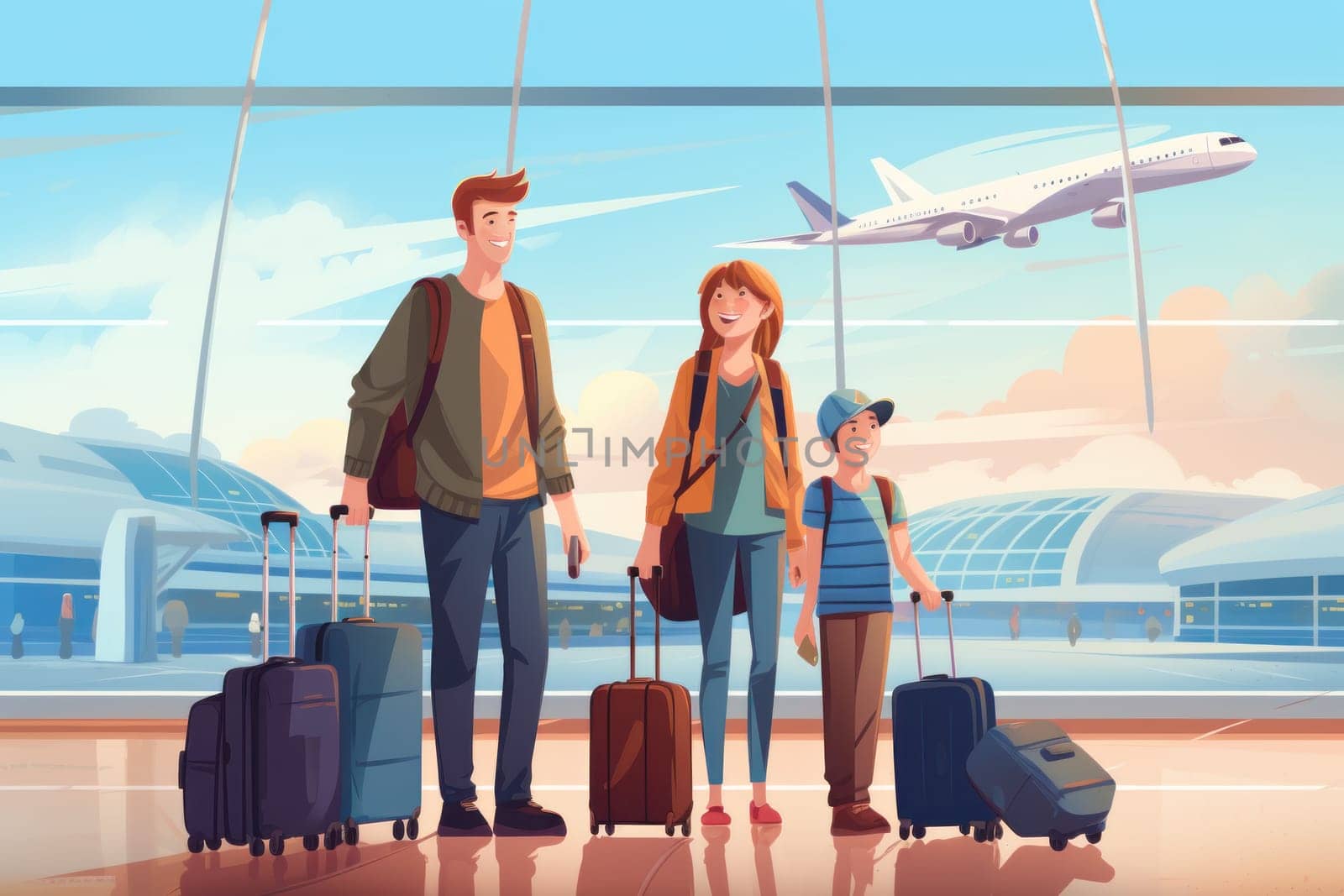 Family Trip Concept, family travel at airport,Time for family vacation, family travel at airport 2d, Generative AI.