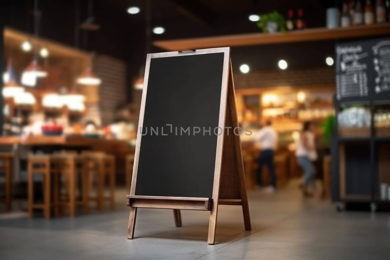 Advertising blank Blackboard, Blank restaurant shop sign or menu boards in shopping mall center, Blackboard sign mockup in front of a restaurant Signboard, Generative AI.