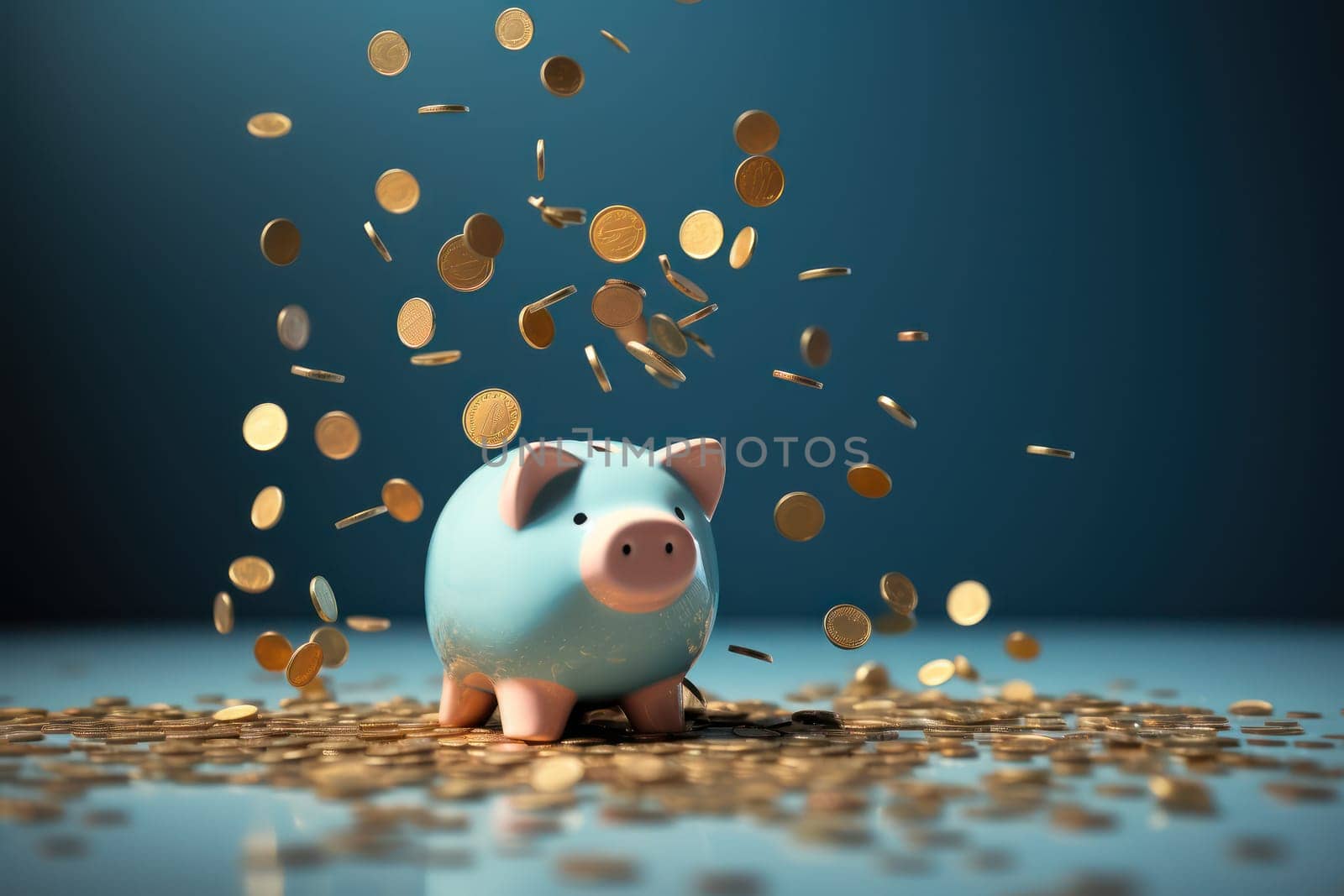 Piggy bank with falling coins. Savings and investment. Generative Ai.