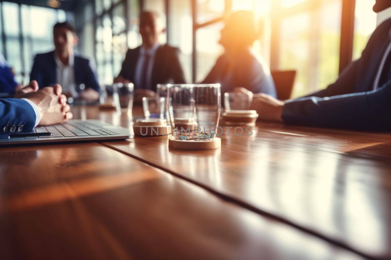 Business people having casual discussion during meeting on blurred background.