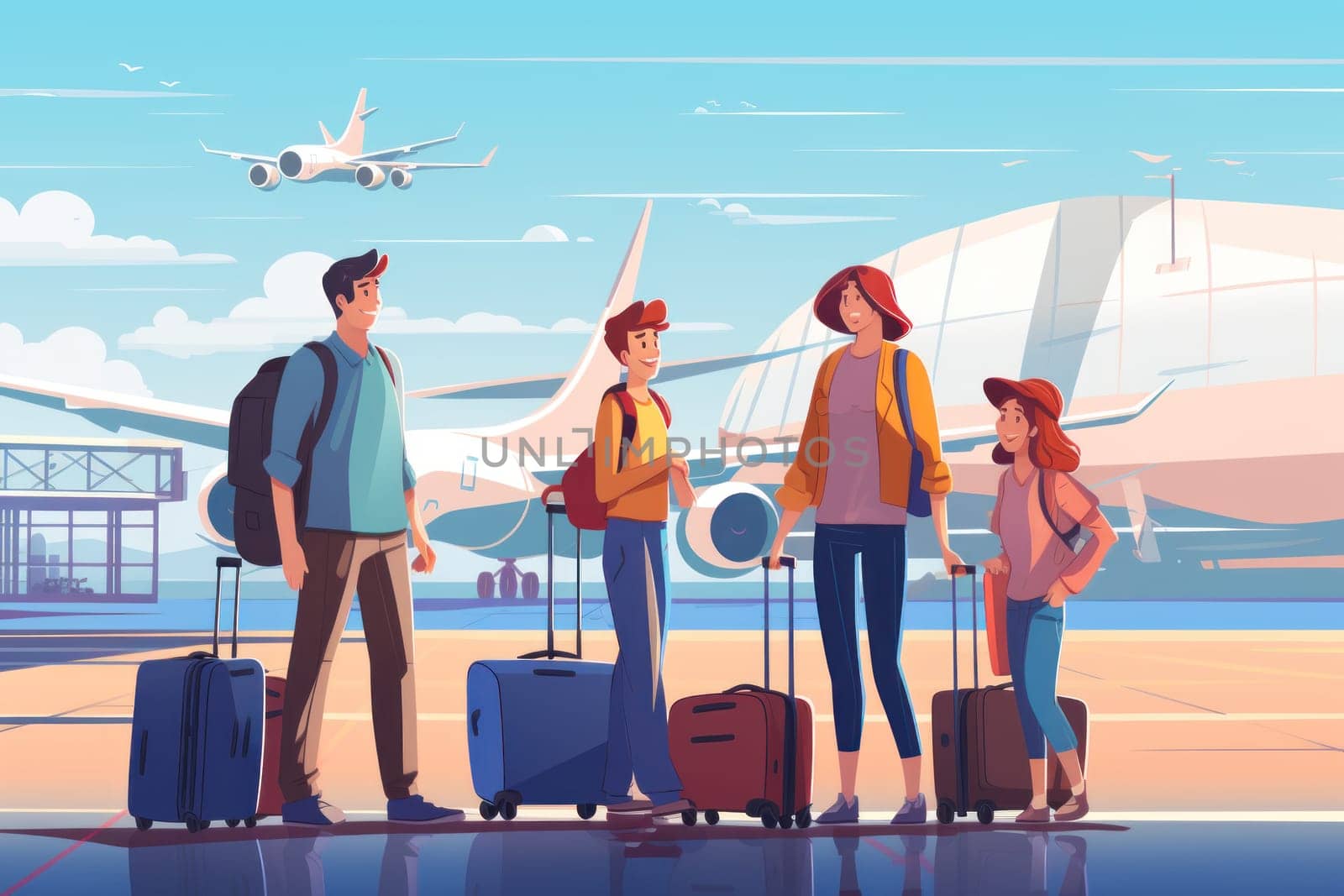 Family Trip Concept, family travel at airport,Time for family vacation, family travel at airport 2d, Generative AI.