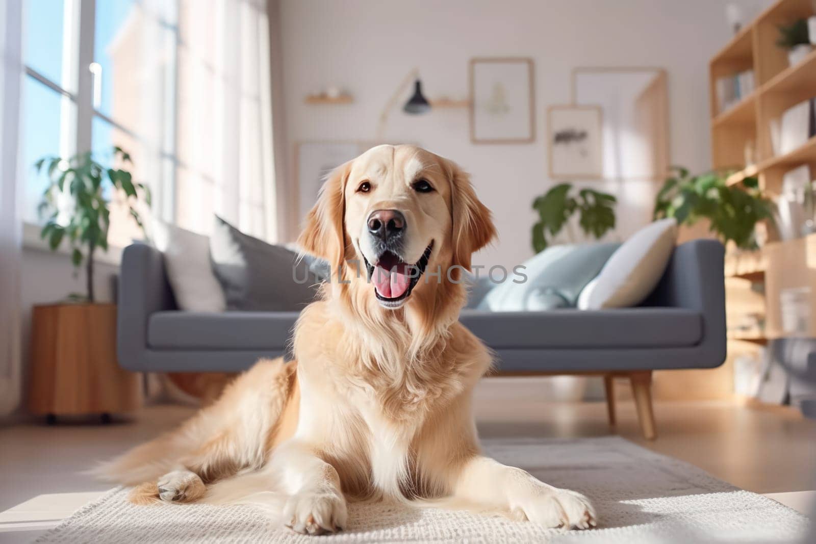 Modern living room interior Cute Golden Labrador Retriever near couch Generative AI.