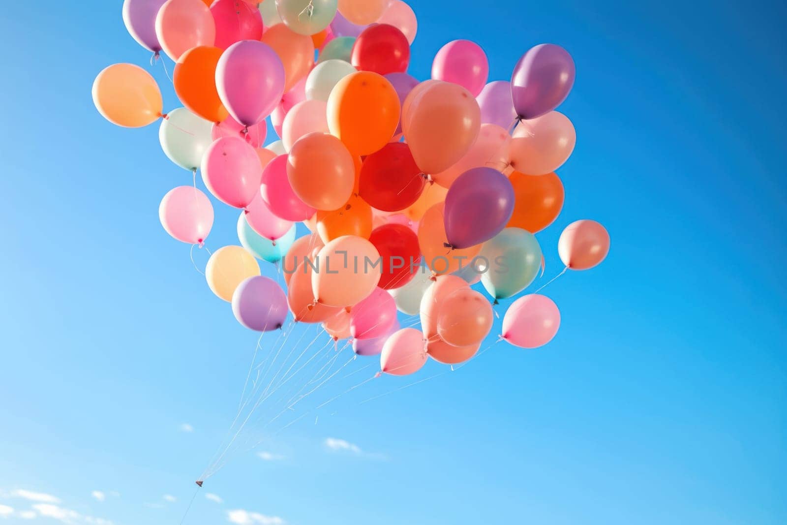 Colorful balloons floating against a clear blue sky, Generative AI.