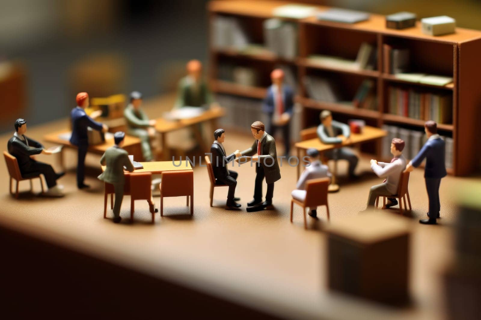 Miniature model a europe group of employees are sitting in a meeting.