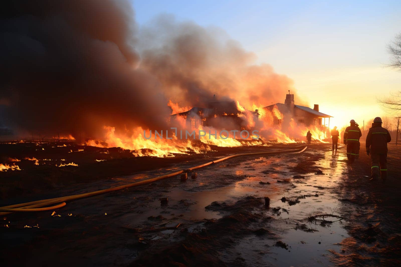 A firefighter puts out a burning tractor in a field, a fire in an agricultural field. A rocket attack on the civilian population during the war.