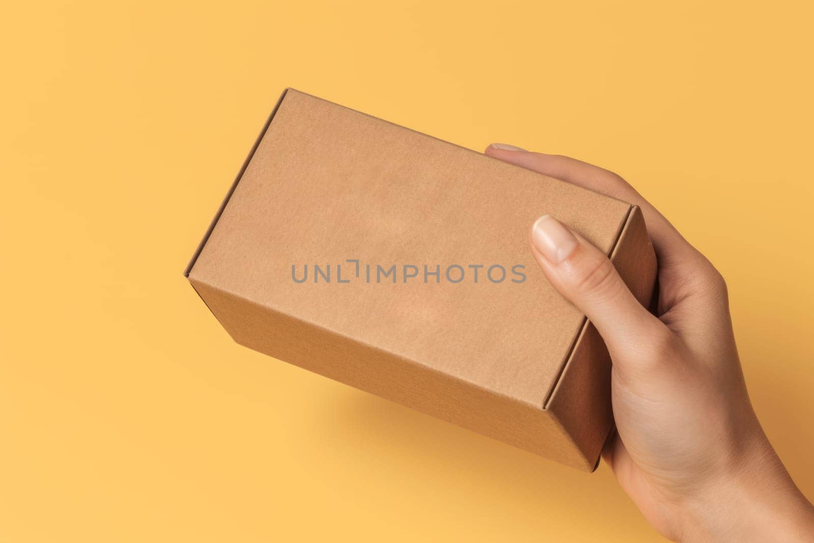 a hand holding a mailing box mockup delivery service concept photo.