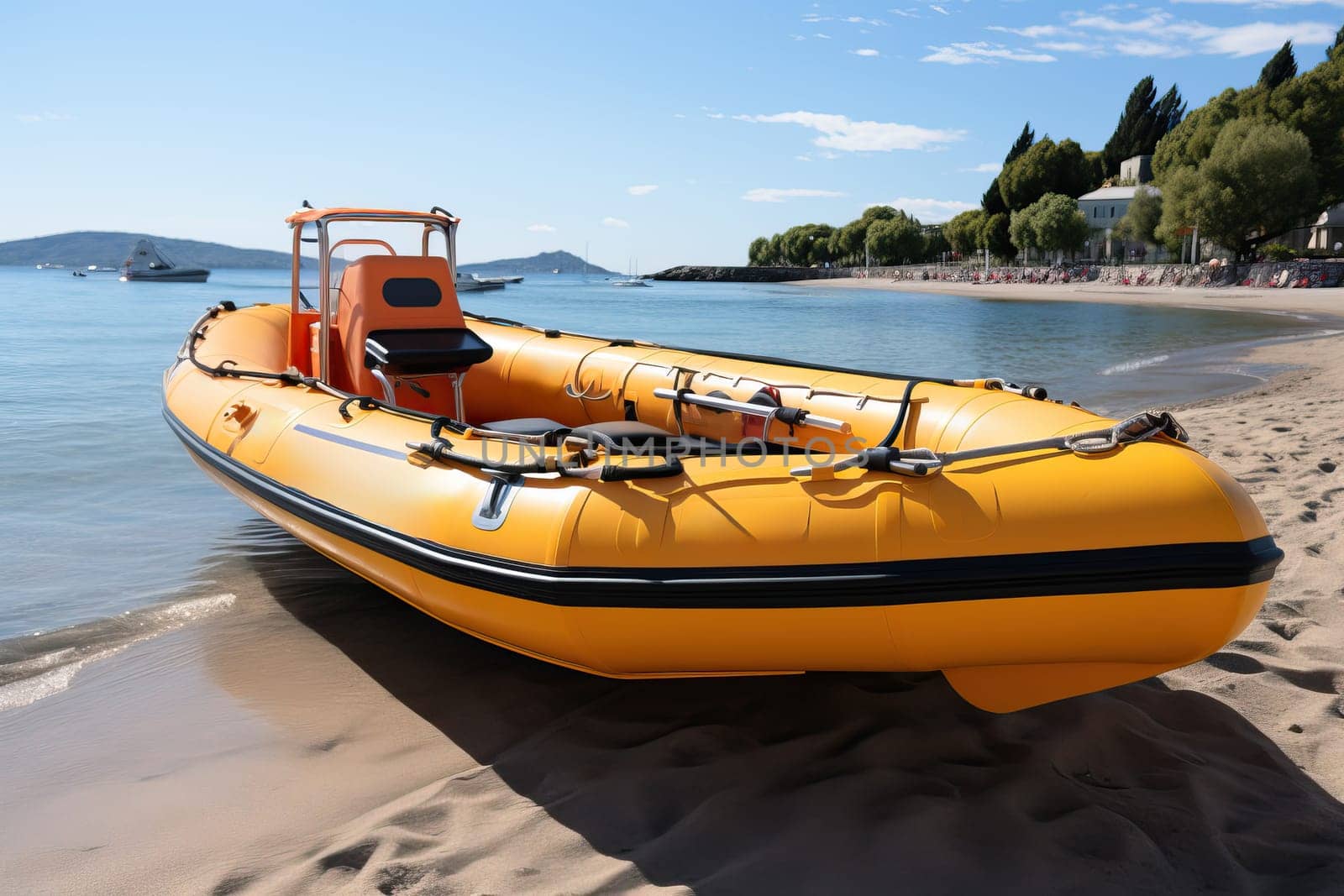 Yellow inflatable rescue boat on the beach, rescue boat in the sea and on the beach.