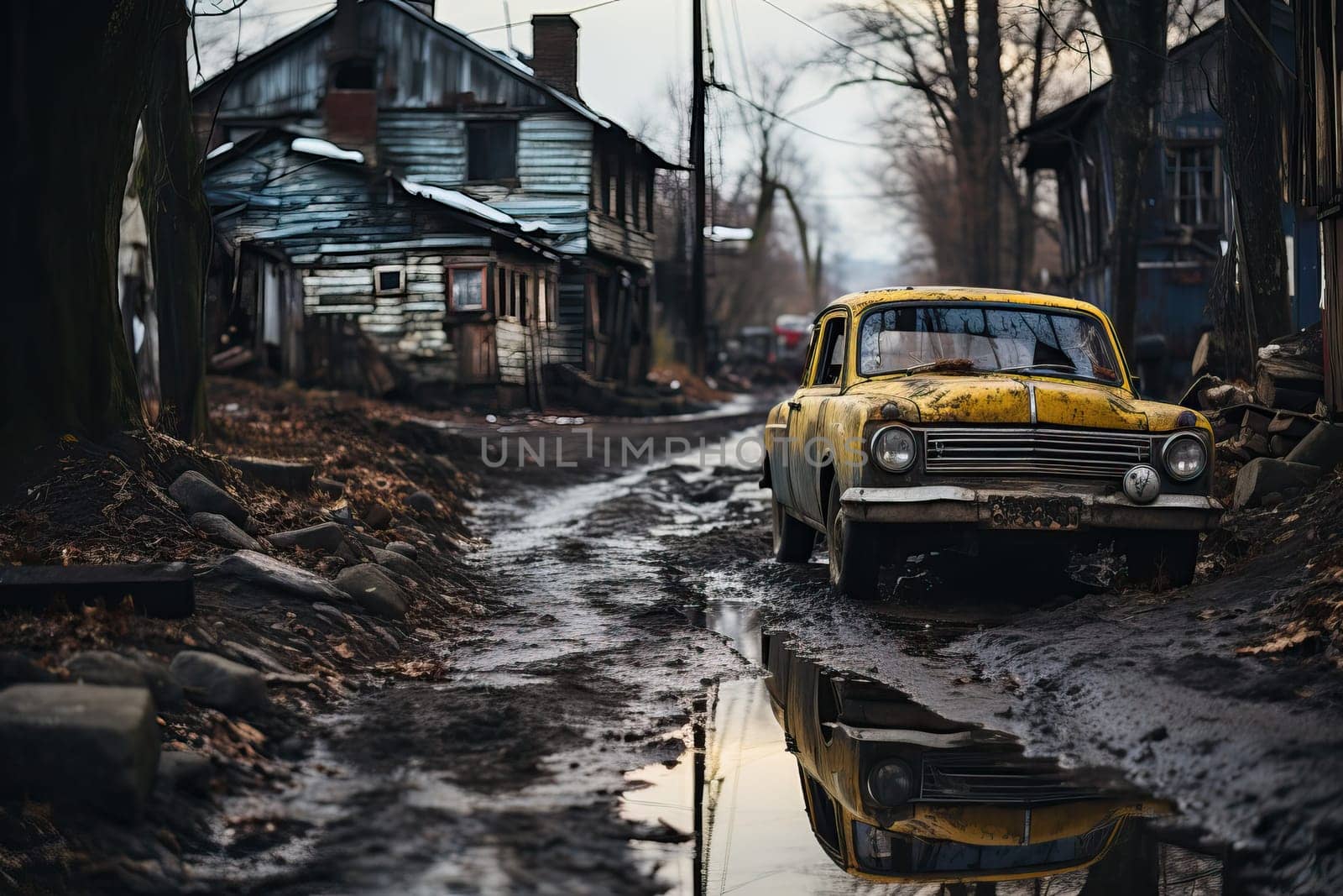 Old abandoned village, yellow rusty car, fog and swamp on the street.
