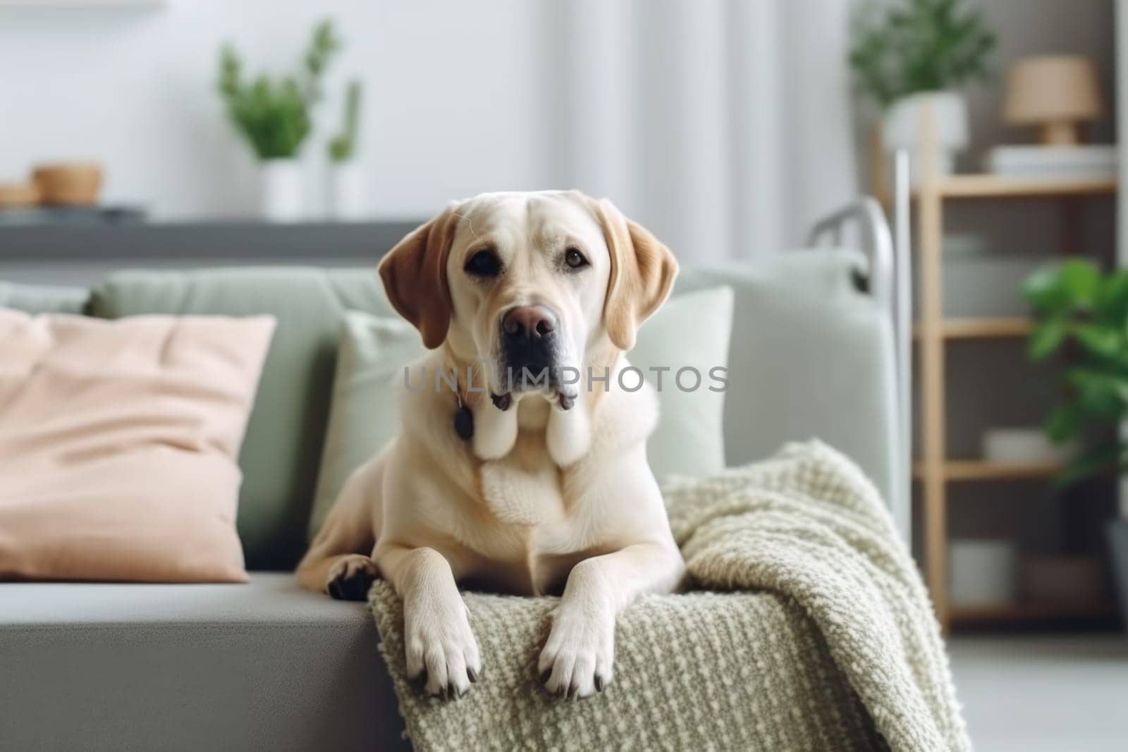 Modern living room interior Cute Golden Labrador Retriever near couch Generative AI.