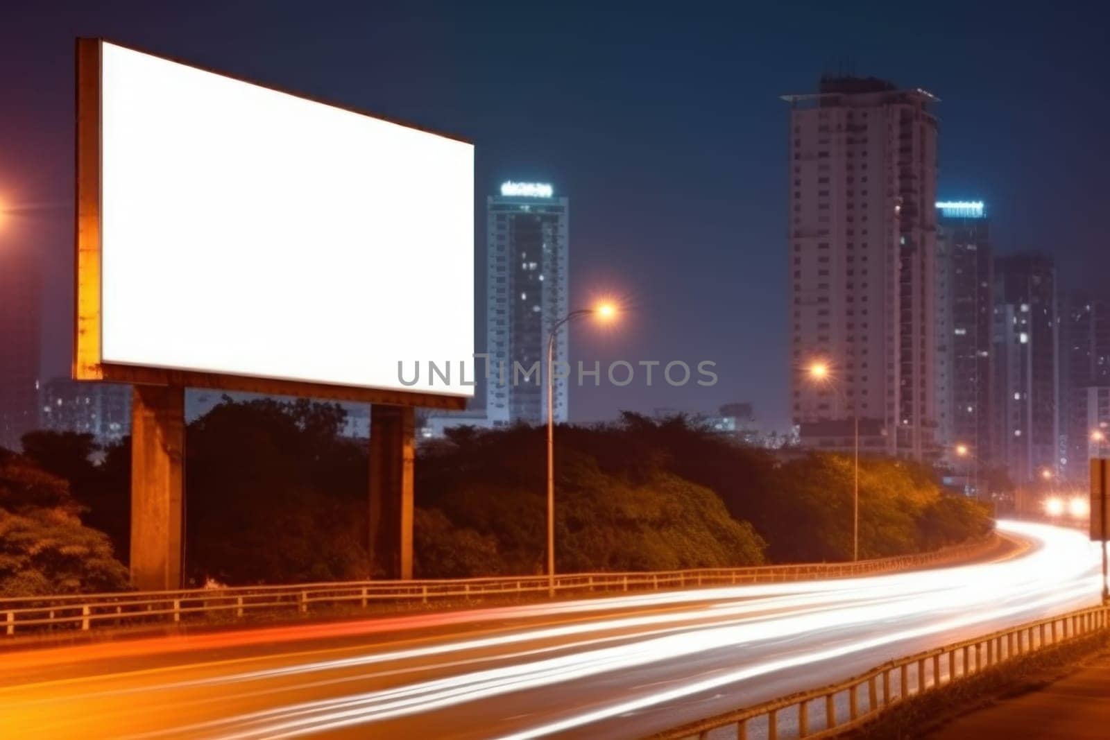 Blank billboard on the highway during the twilight with city background with clipping path on screen, Generative AI.