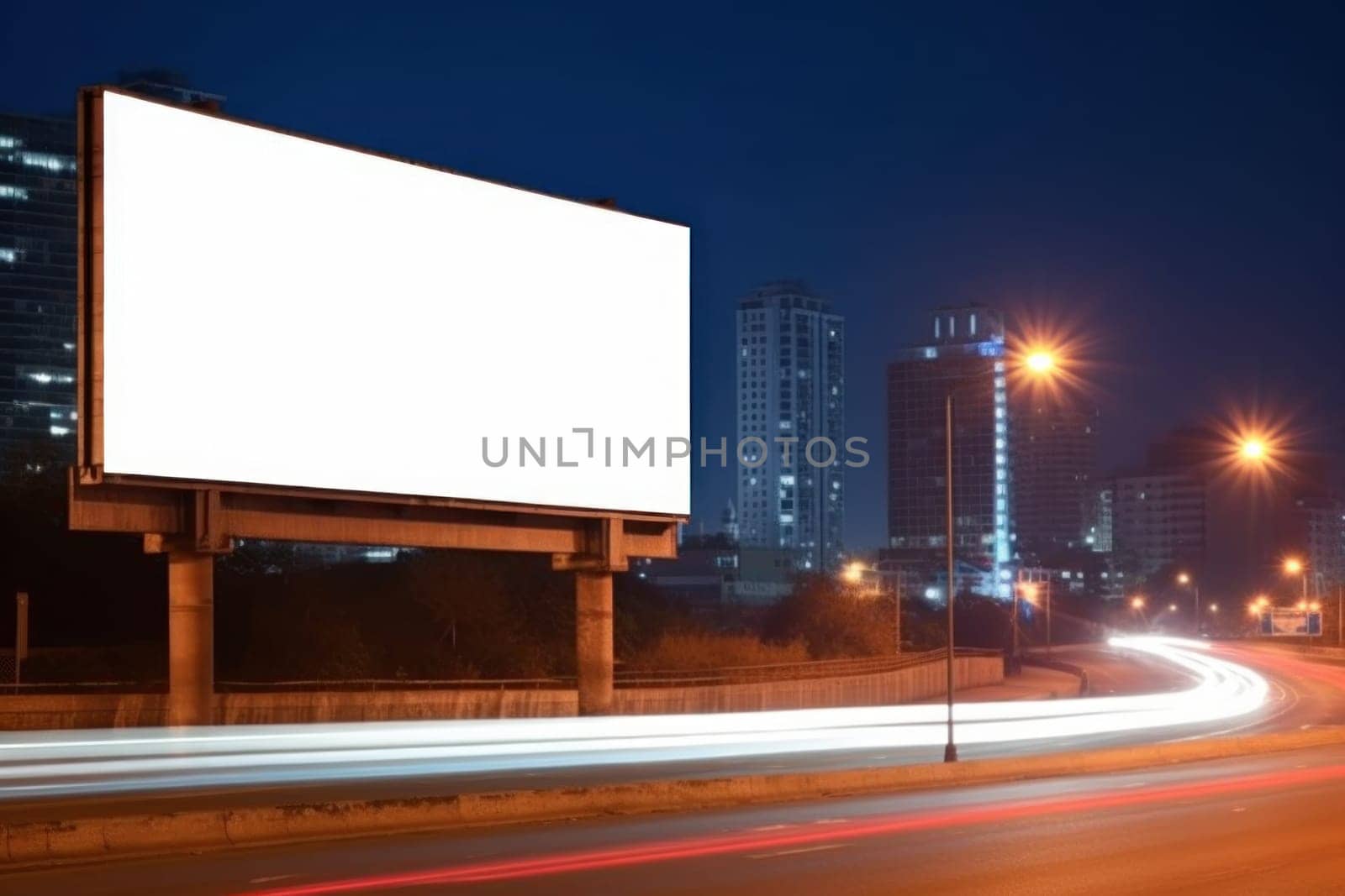 Blank billboard on the highway during the twilight with city background with clipping path on screen, Generative AI.