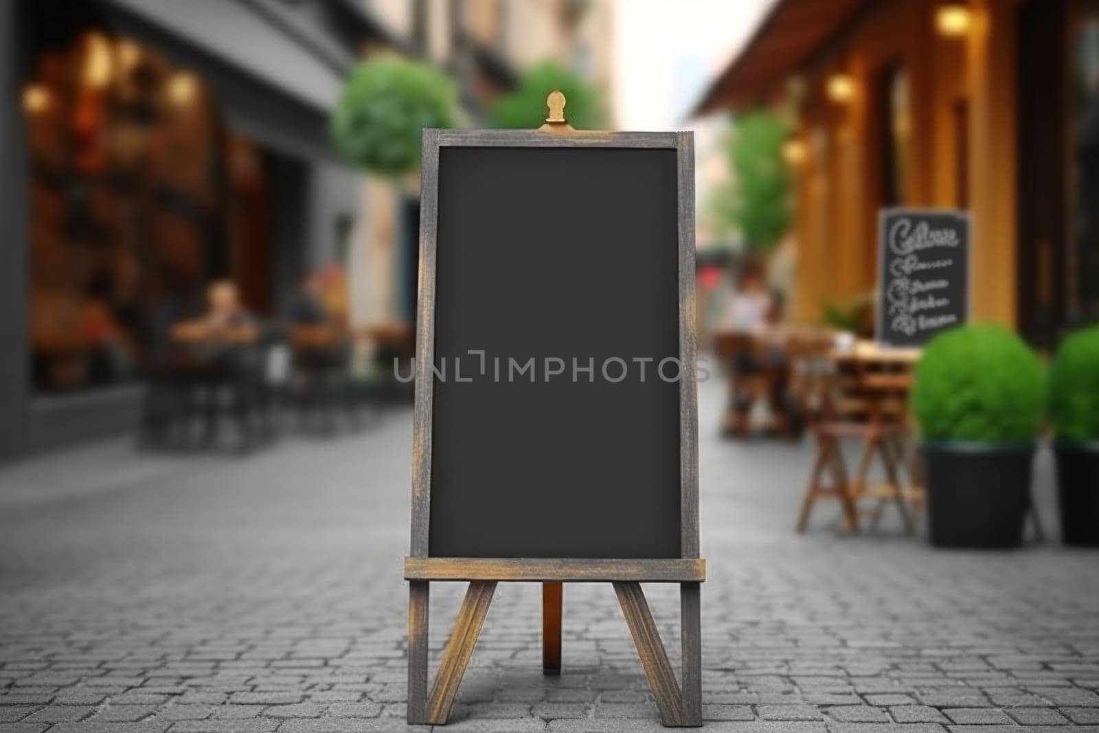 Advertising blank Blackboard, Blank restaurant shop sign or menu boards in shopping mall center, Blackboard sign mockup in front of a restaurant Signboard, Generative AI.