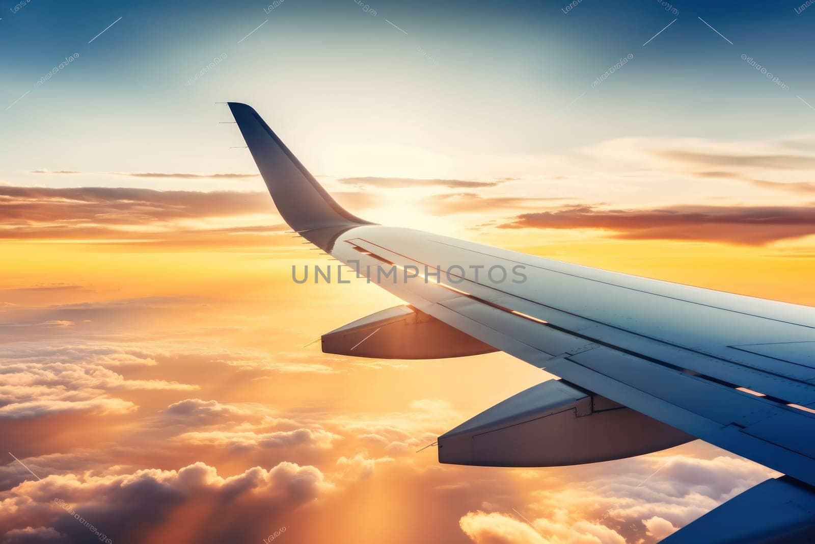 Photo View from the window of an airplane wing while flying over a blue sky by nijieimu