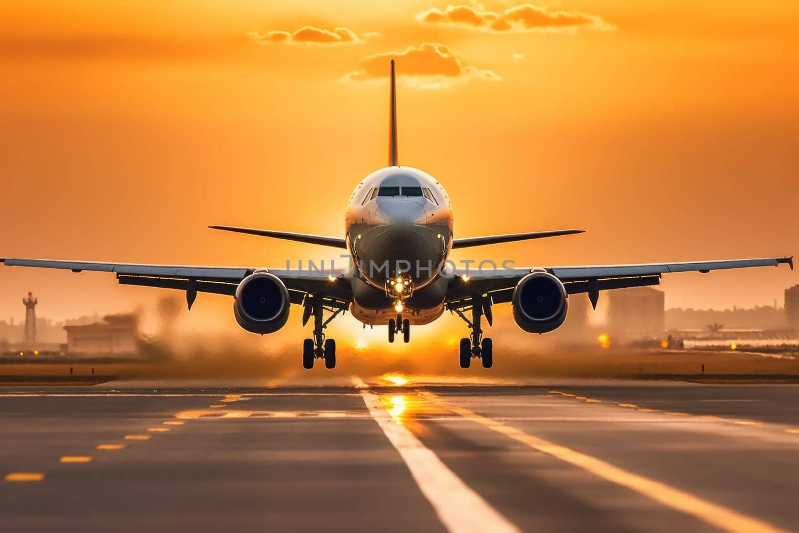 Commercial plane flying over the runway while with blurred background.