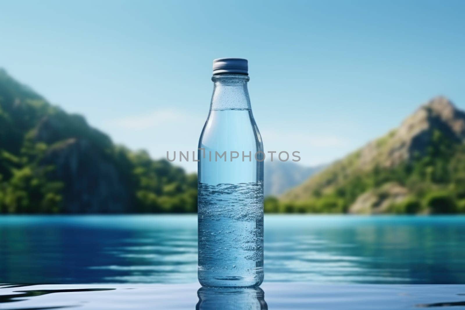 Water bottle aesthetic scenery blue background ultra realistic.