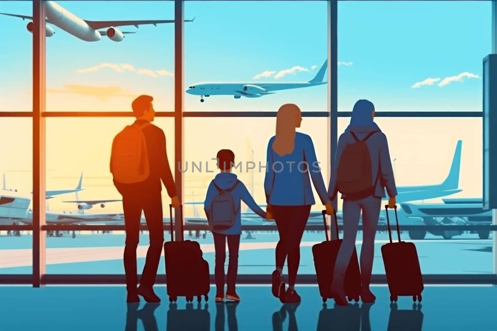 Family Trip Concept, family travel at airport,Time for family vacation, family travel at airport 2d, Generative AI.