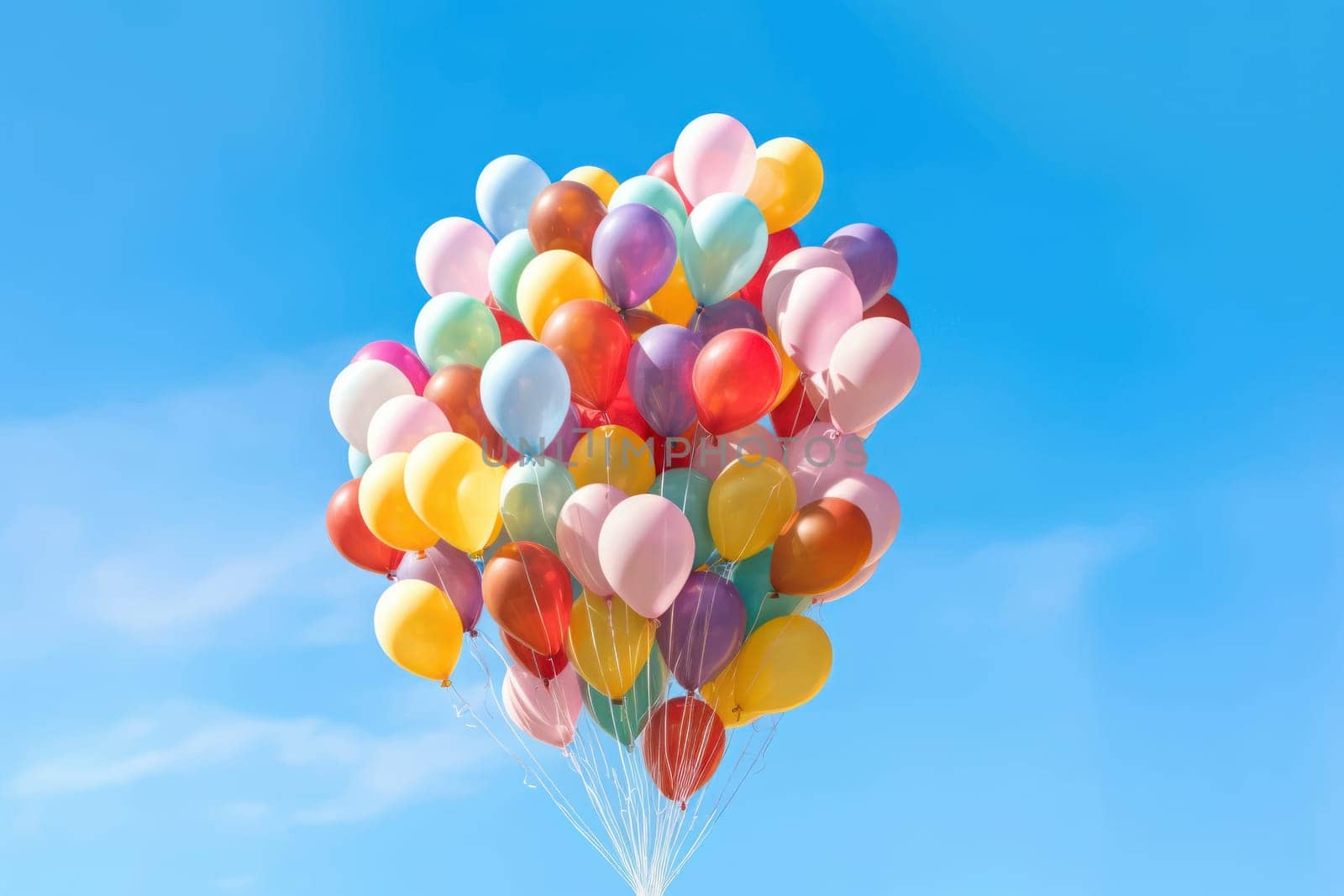 Colorful balloons floating against a clear blue sky, Generative AI.