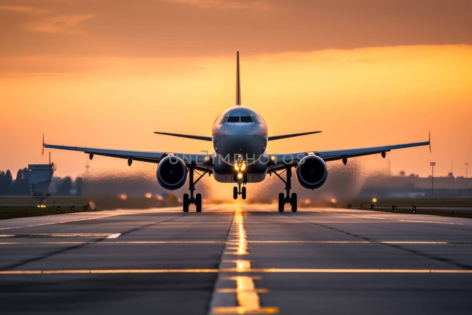 Commercial plane flying over the runway while with blurred background.