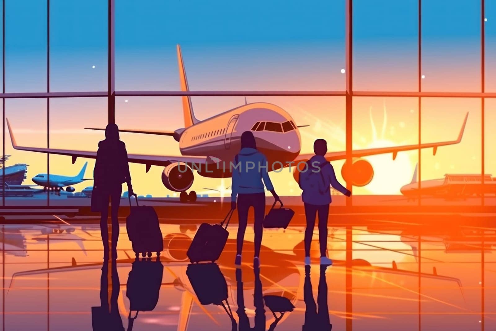 Family Trip Concept, family travel at airport,Time for family vacation, family travel at airport 2d, Generative AI.