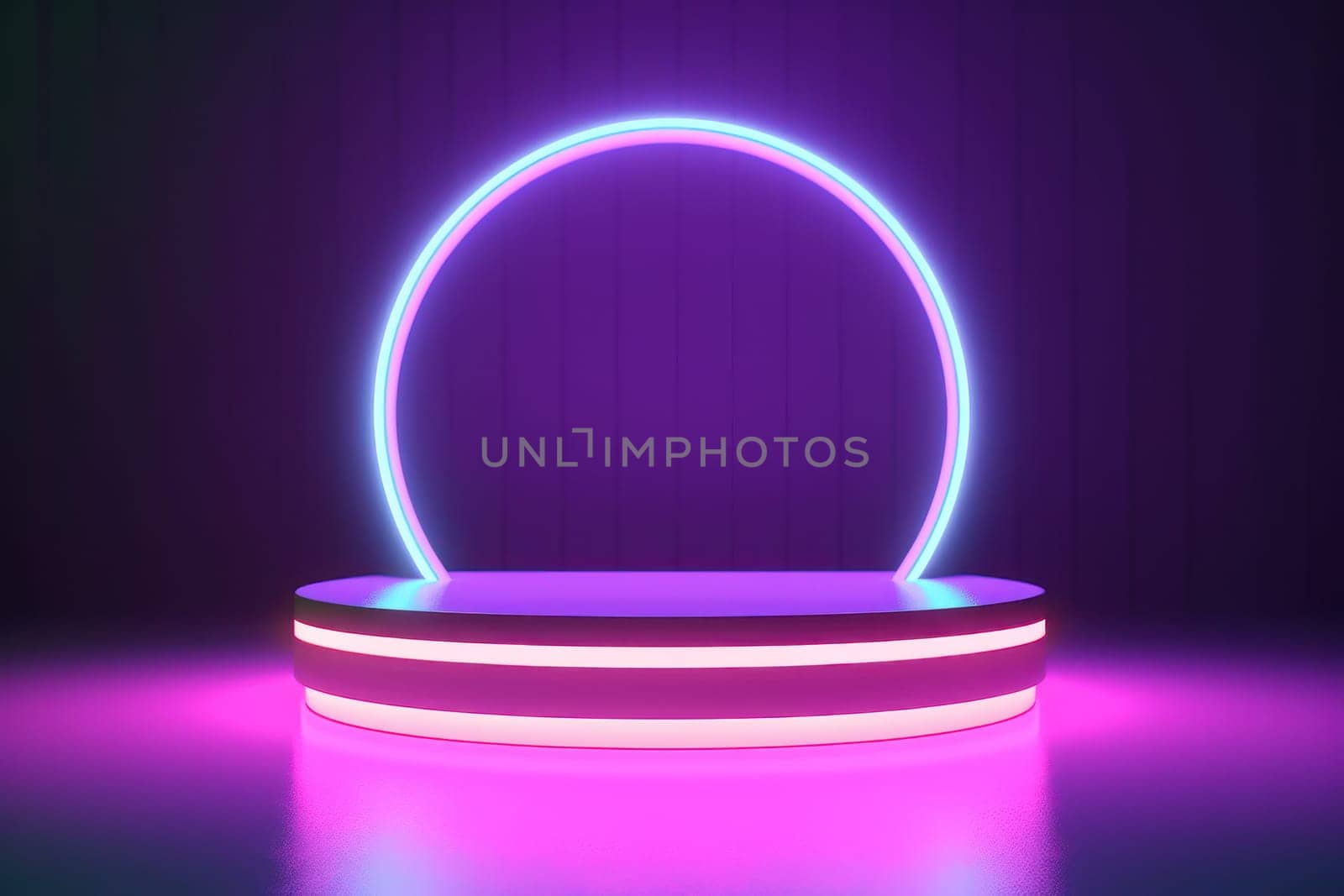illustration of 3d rendering abstract podium neon circle tunneling lights for ecommerce signs retail by nijieimu
