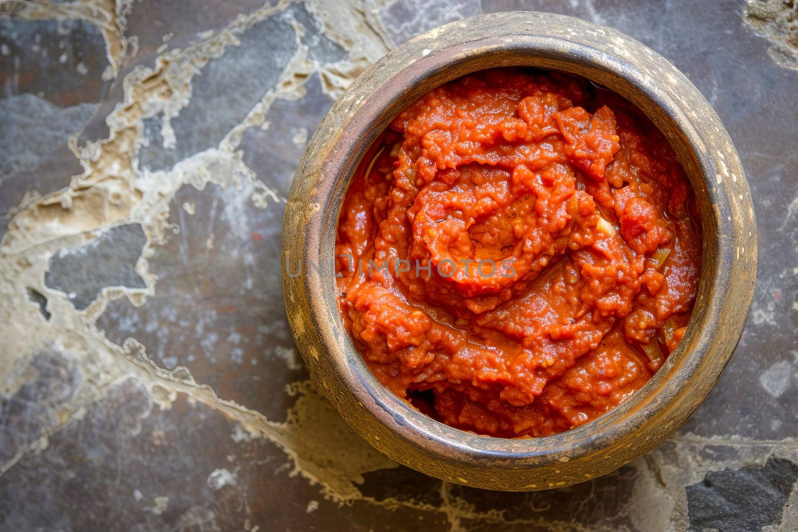 Harissa sauce, traditional in the Maghreb countries, made from hot red pepper, garlic and spices in a bowl on the surface of a natural stone.Top view.