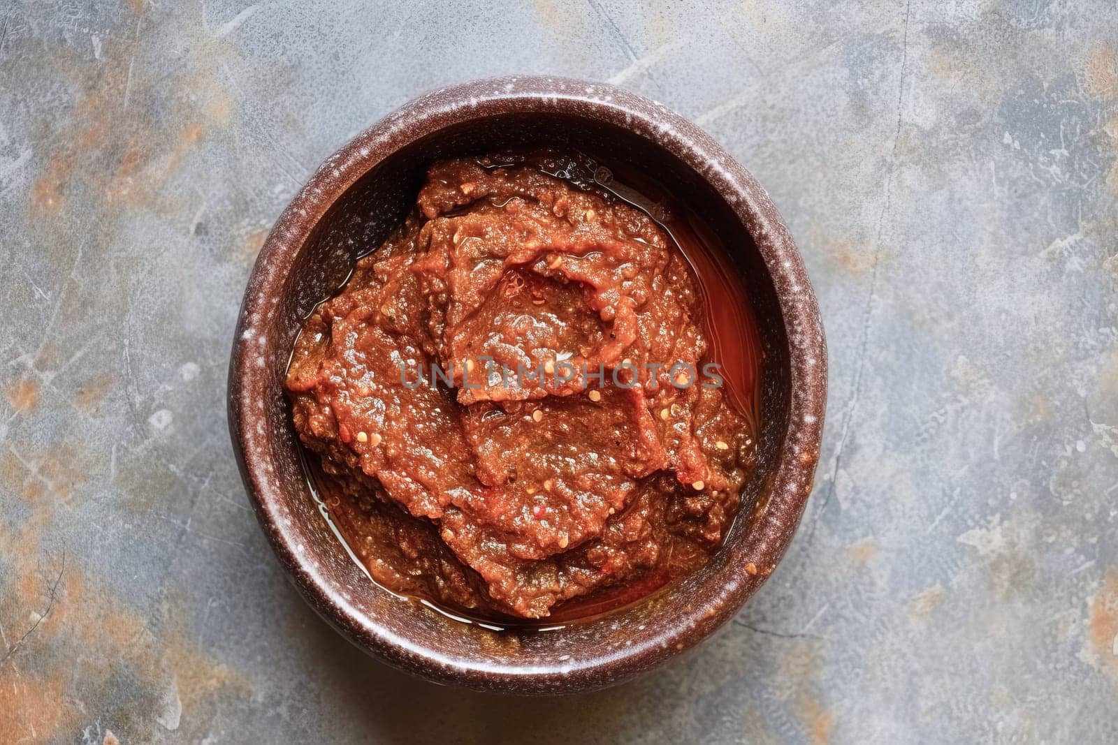 Harissa sauce, traditional in the Maghreb countries, made from hot red pepper, garlic and spices in a bowl on the surface of a natural stone.Top view.