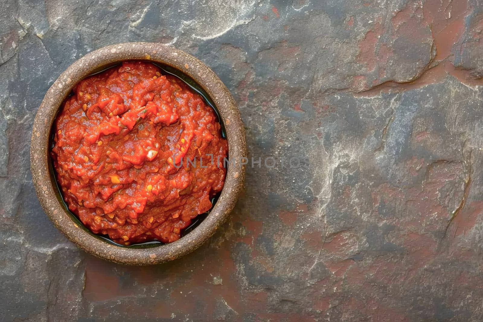 Harissa sauce, traditional in the Maghreb countries, made from hot red pepper, garlic and spices in a bowl on the surface of a natural stone.Top view.