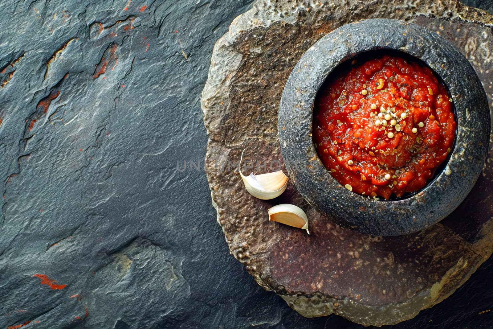 Harissa sauce, traditional in the Maghreb countries, made from hot red pepper, garlic and spices in a bowl on the surface of a natural stone.Top view.