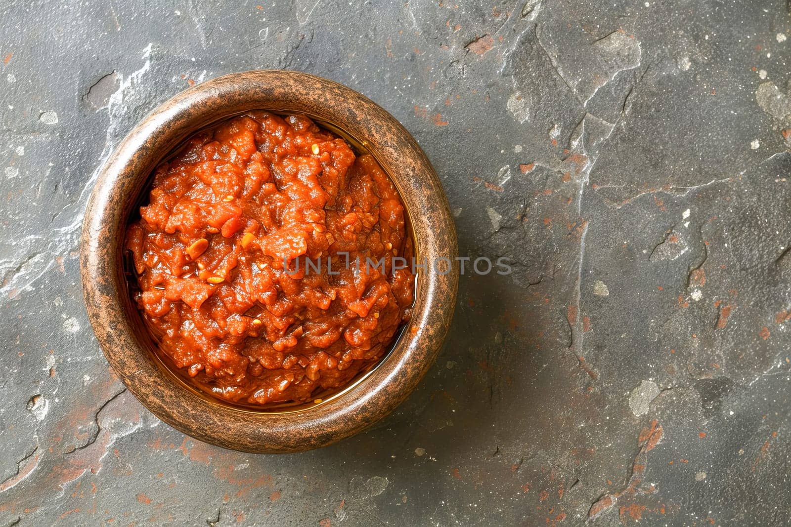 Harissa sauce, traditional in the Maghreb countries, made from hot red pepper, garlic and spices in a bowl on the surface of a natural stone.Top view.