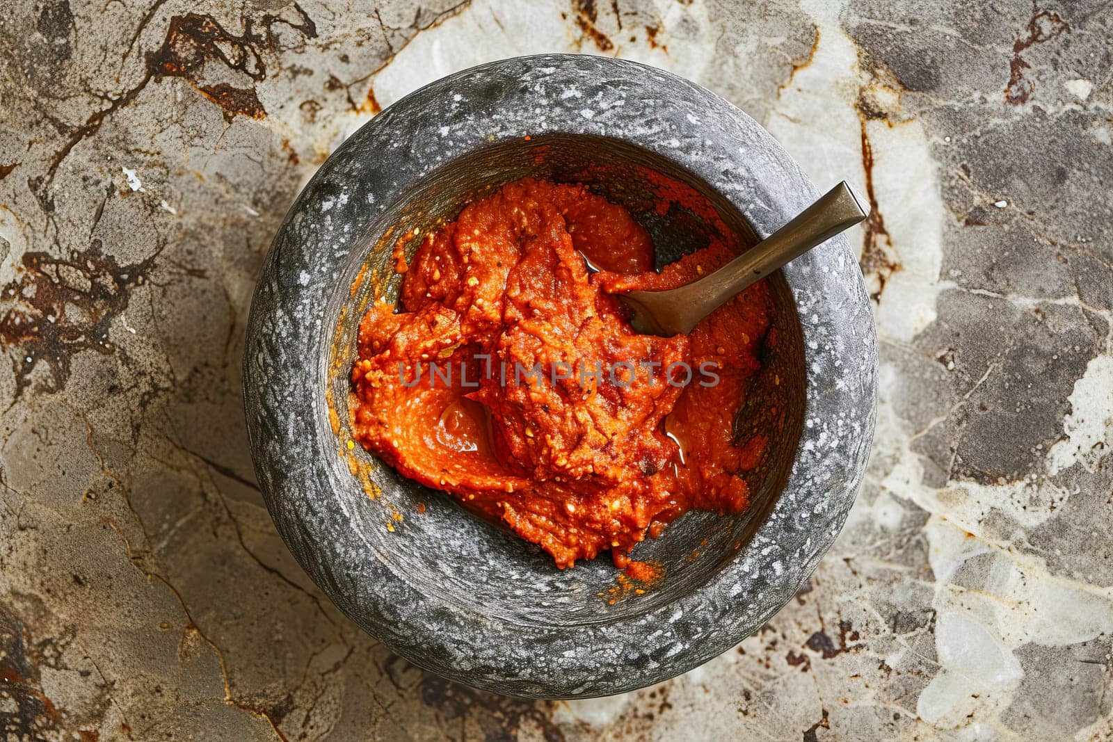 Harissa sauce, traditional in the Maghreb countries, made from hot red pepper, garlic and spices in a bowl on the surface of a natural stone.Top view.