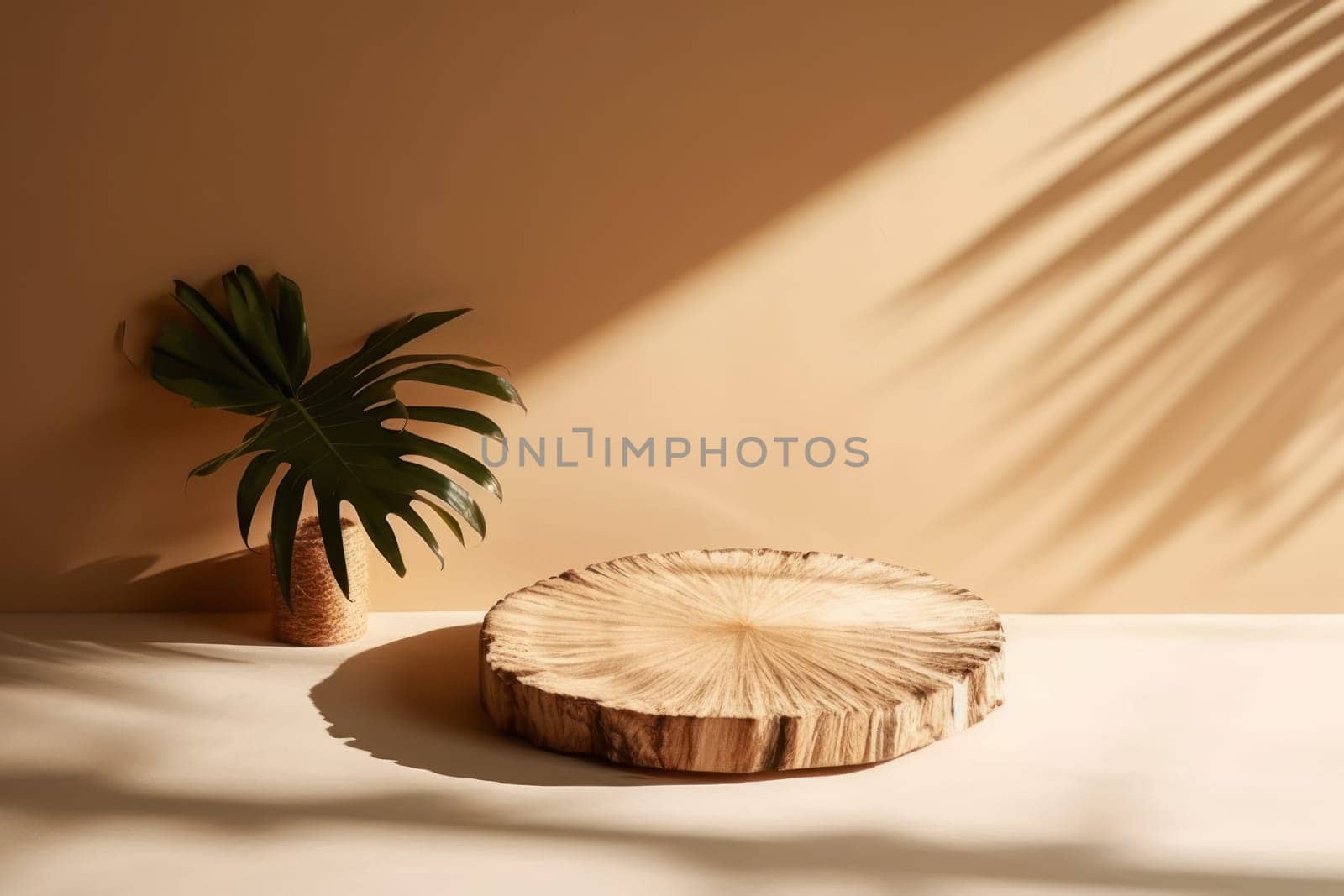 Empty minimal natural wooden podium background for product.