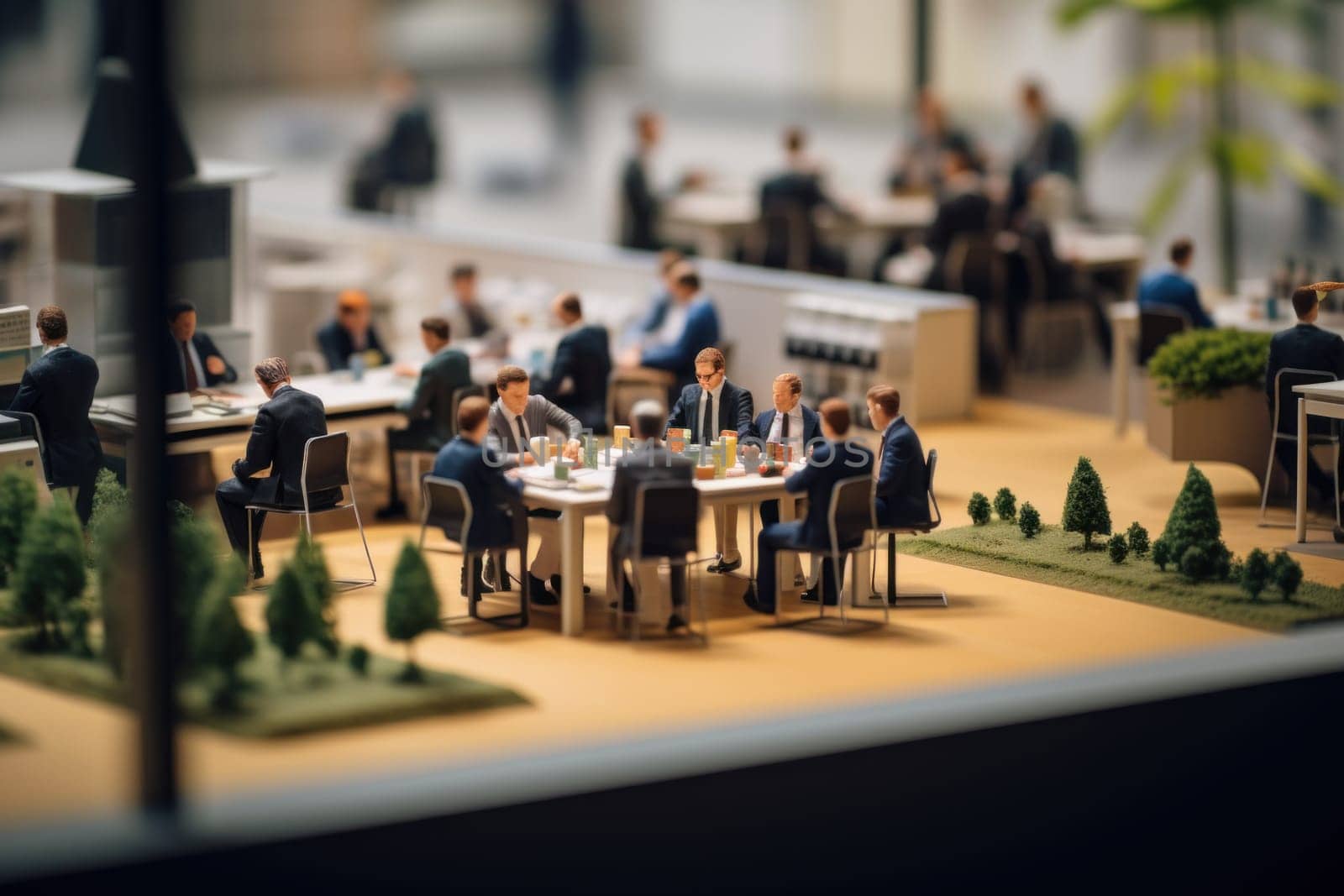 Miniature model a europe group of employees are sitting in a meeting.