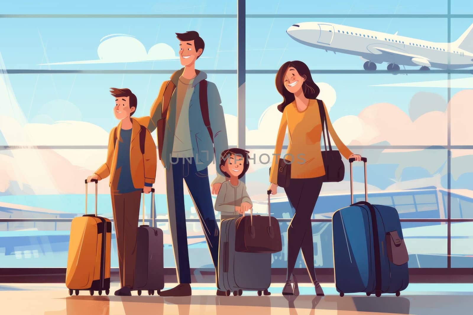 Family Trip Concept, family travel at airport,Time for family vacation, family travel at airport 2d, Generative AI.