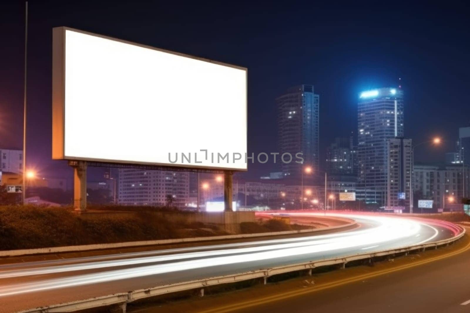 Blank billboard on the highway during the twilight with city background with clipping path on screen, Generative AI.