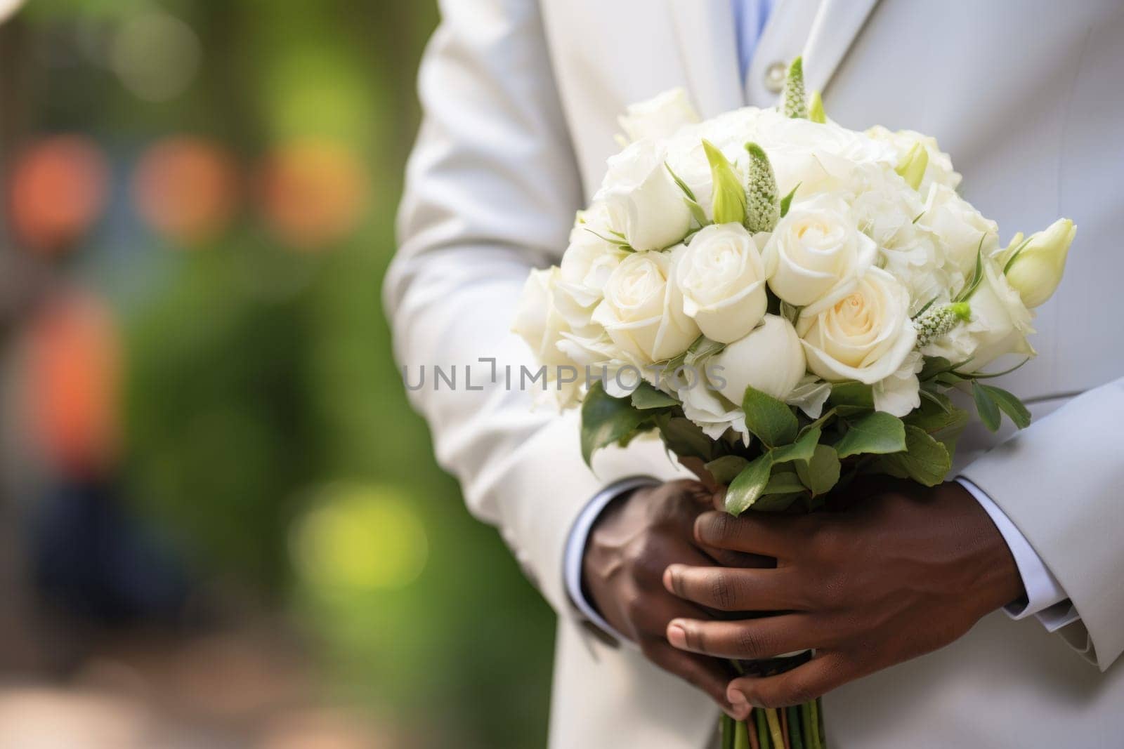 A close up of a bride's or groom's hands holding a bouquet.