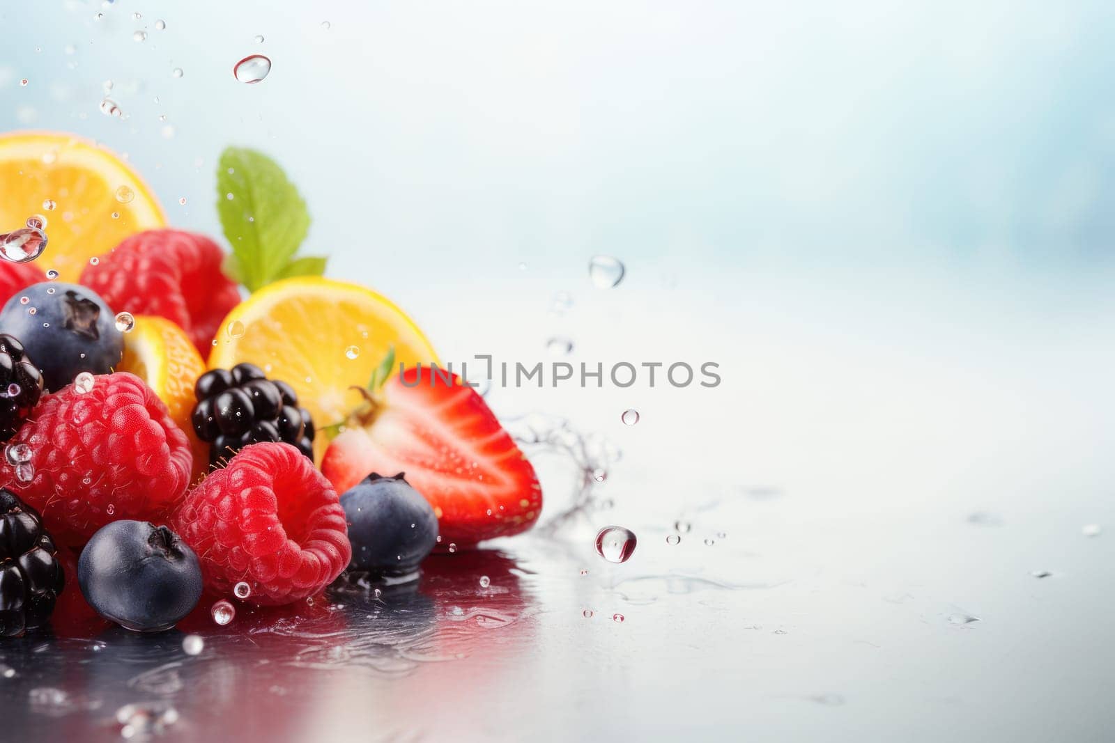 Fresh fruit with water splash, Generative AI.
