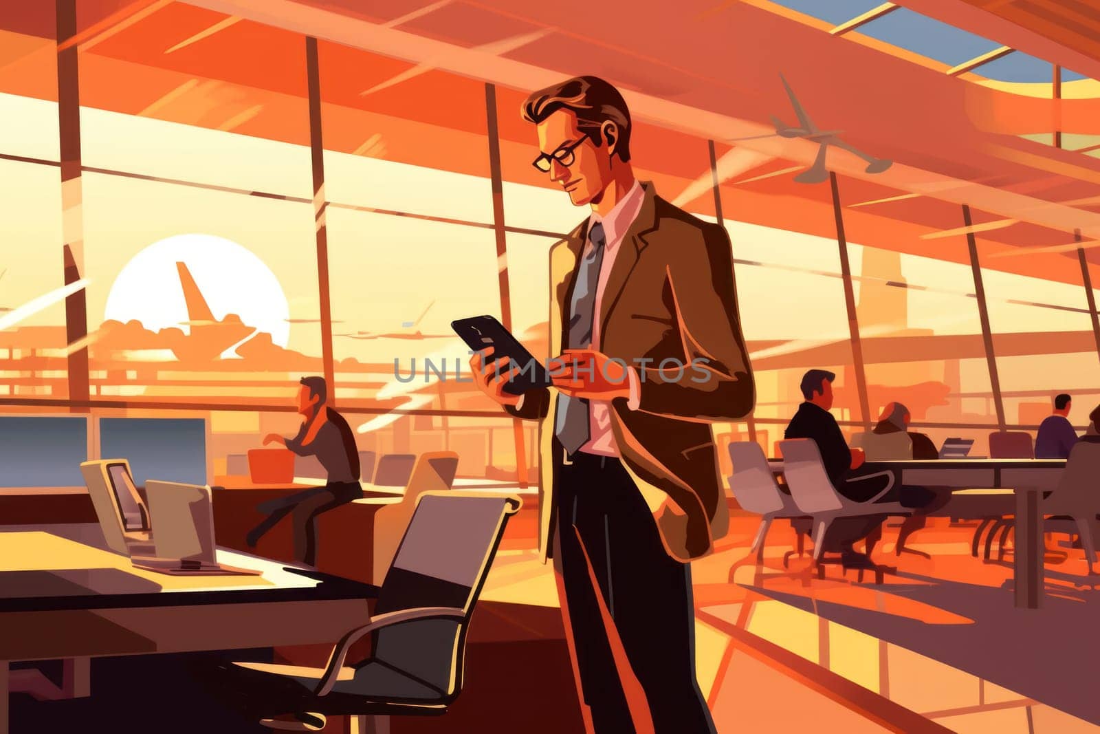 Man at airport lounge and using mobile phone, Businessman working and using mobile at busy time on airport, Generative AI.