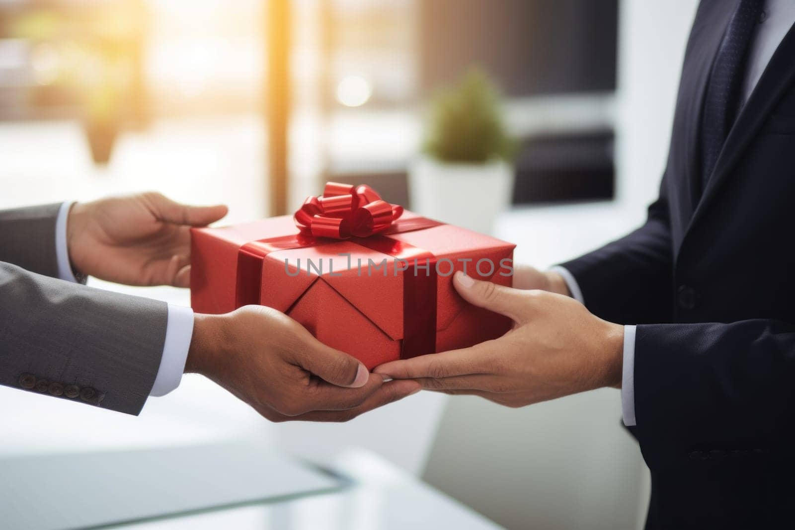 Close up view of hands Giving a business gift in an office.