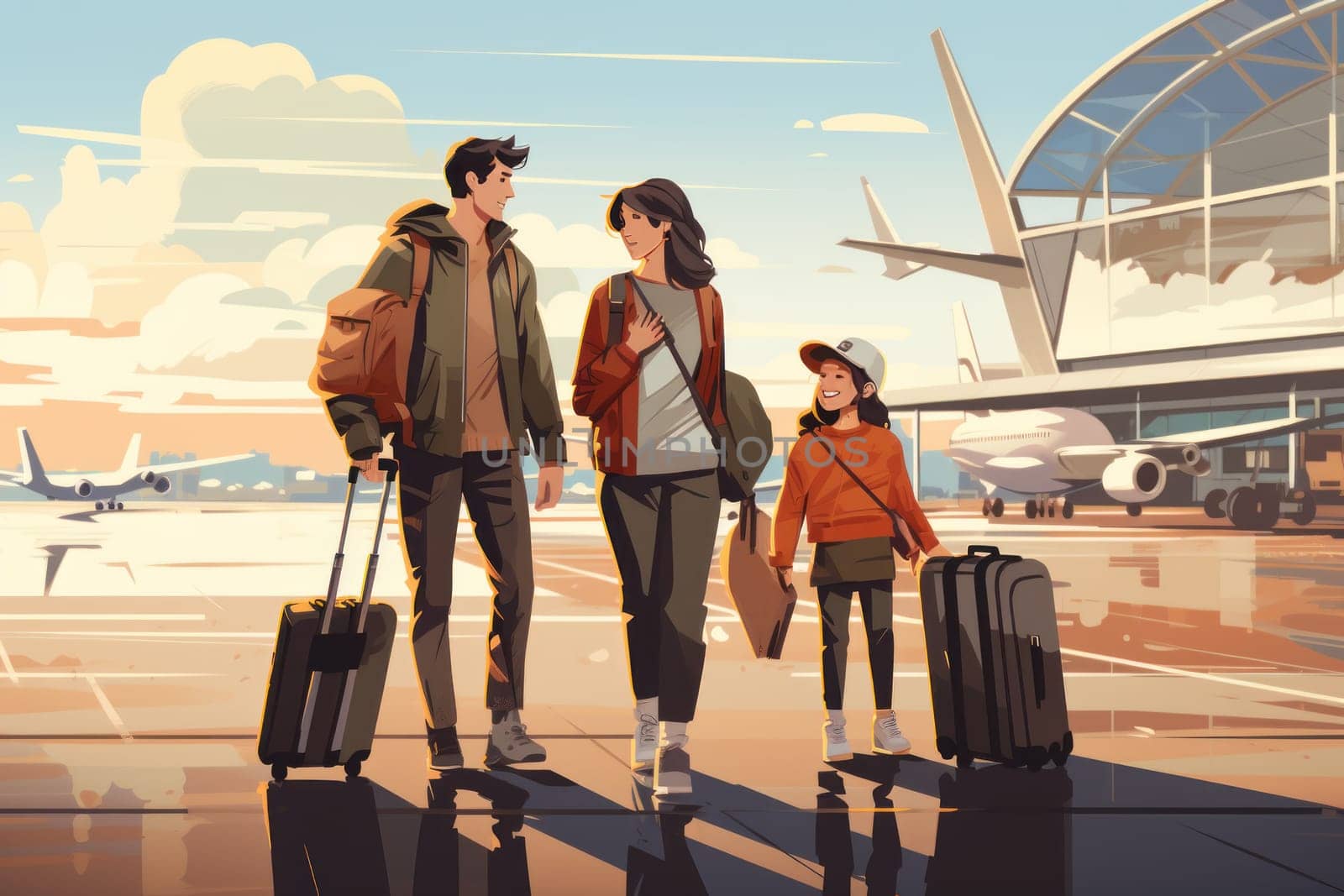 Family Trip Concept, family travel at airport,Time for family vacation, family travel at airport 2d, Generative AI.