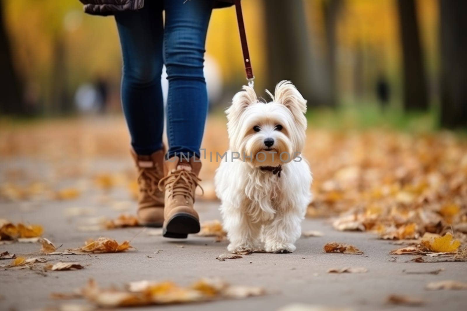 image of a person walking a pet dog in a city park on a sunny autumn day by nijieimu