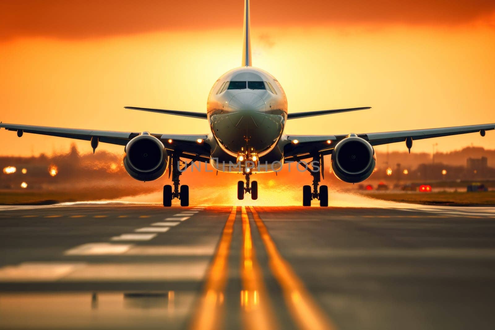 Commercial plane flying over the runway while with blurred background.