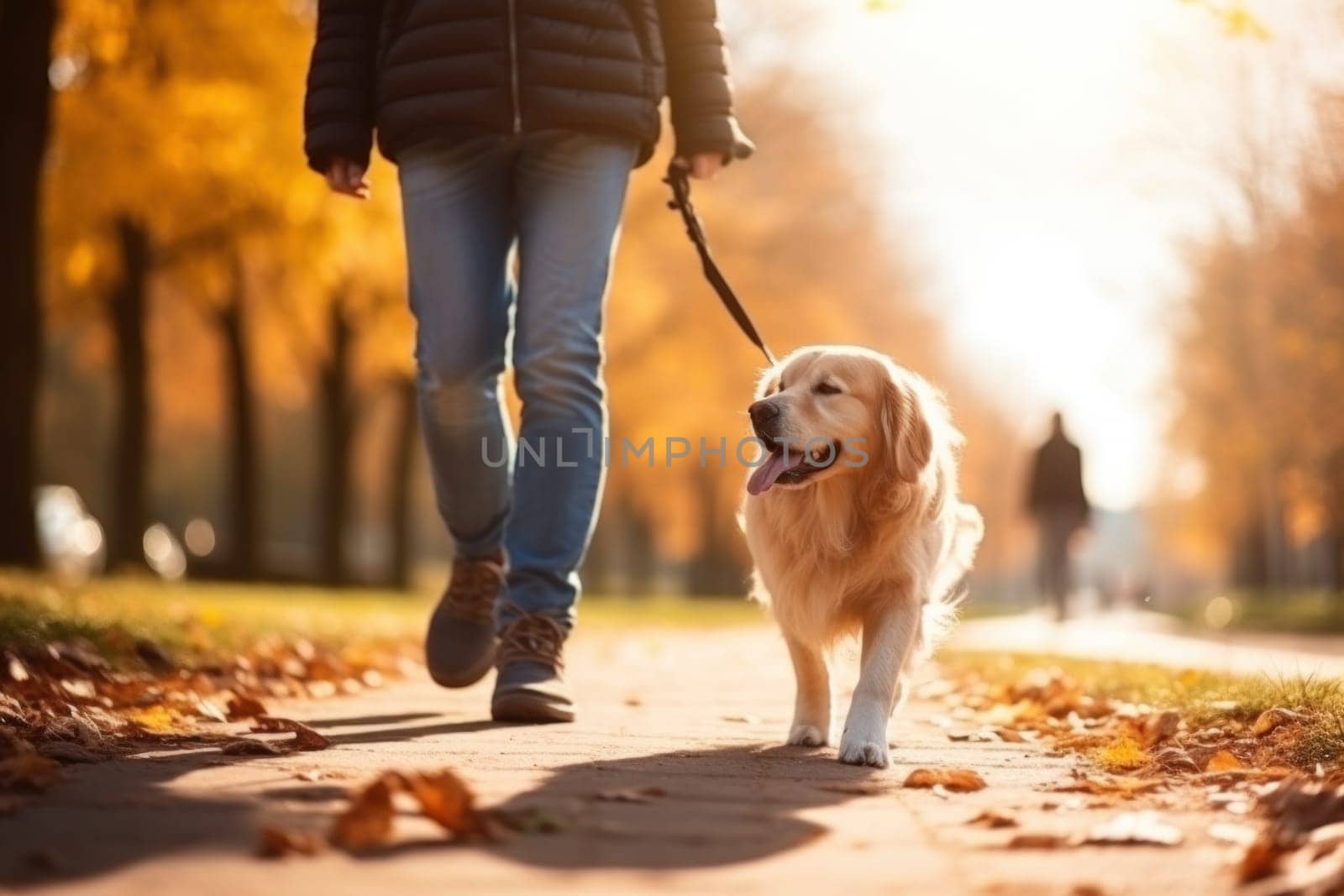 image of a person walking a pet dog in a city park on a sunny autumn day.