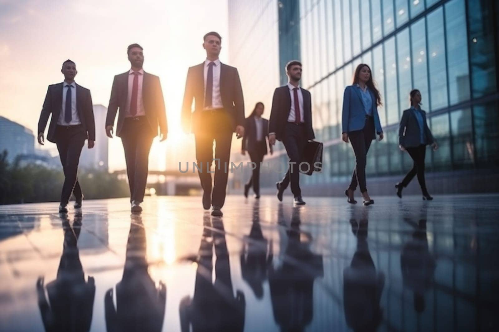 Group of business people walking outside in front of office building with blurred background.