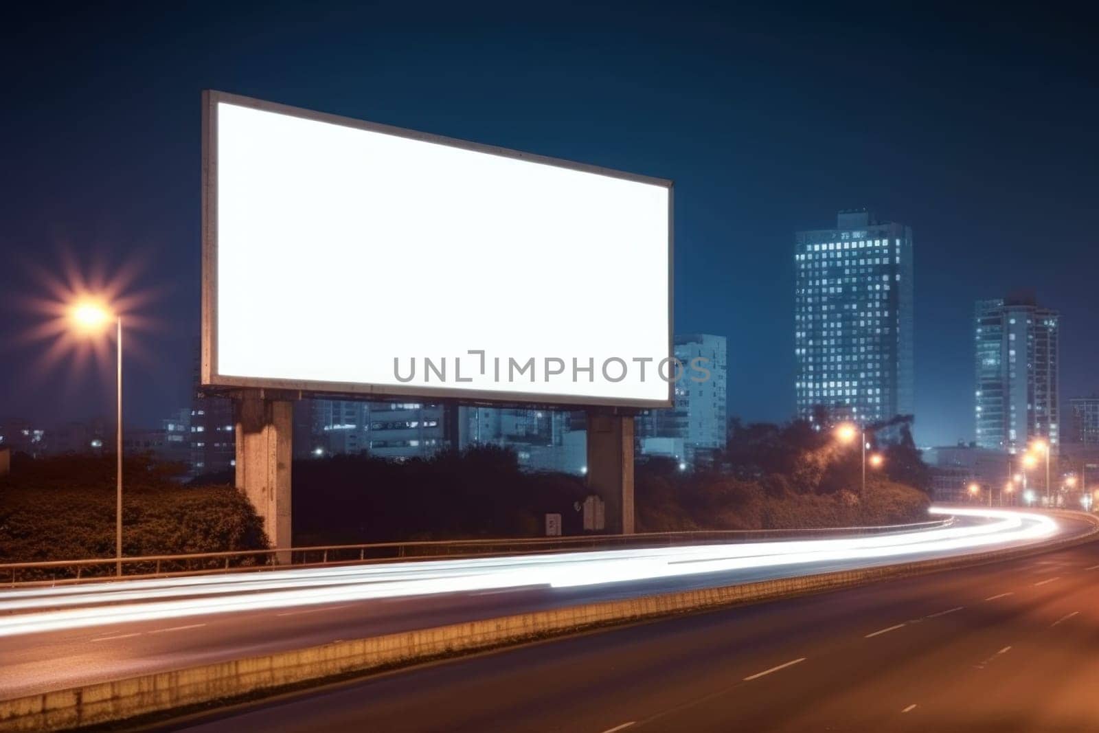 Blank billboard on the highway during the twilight with city background with clipping path on screen, Generative AI.