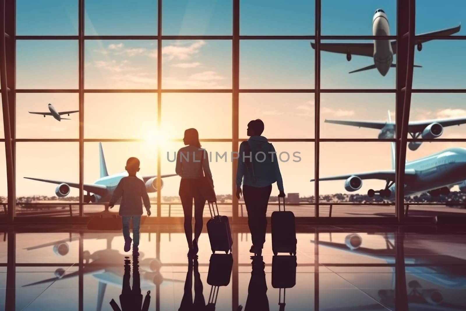 Family Trip Concept, family travel at airport,Time for family vacation, Generative AI.