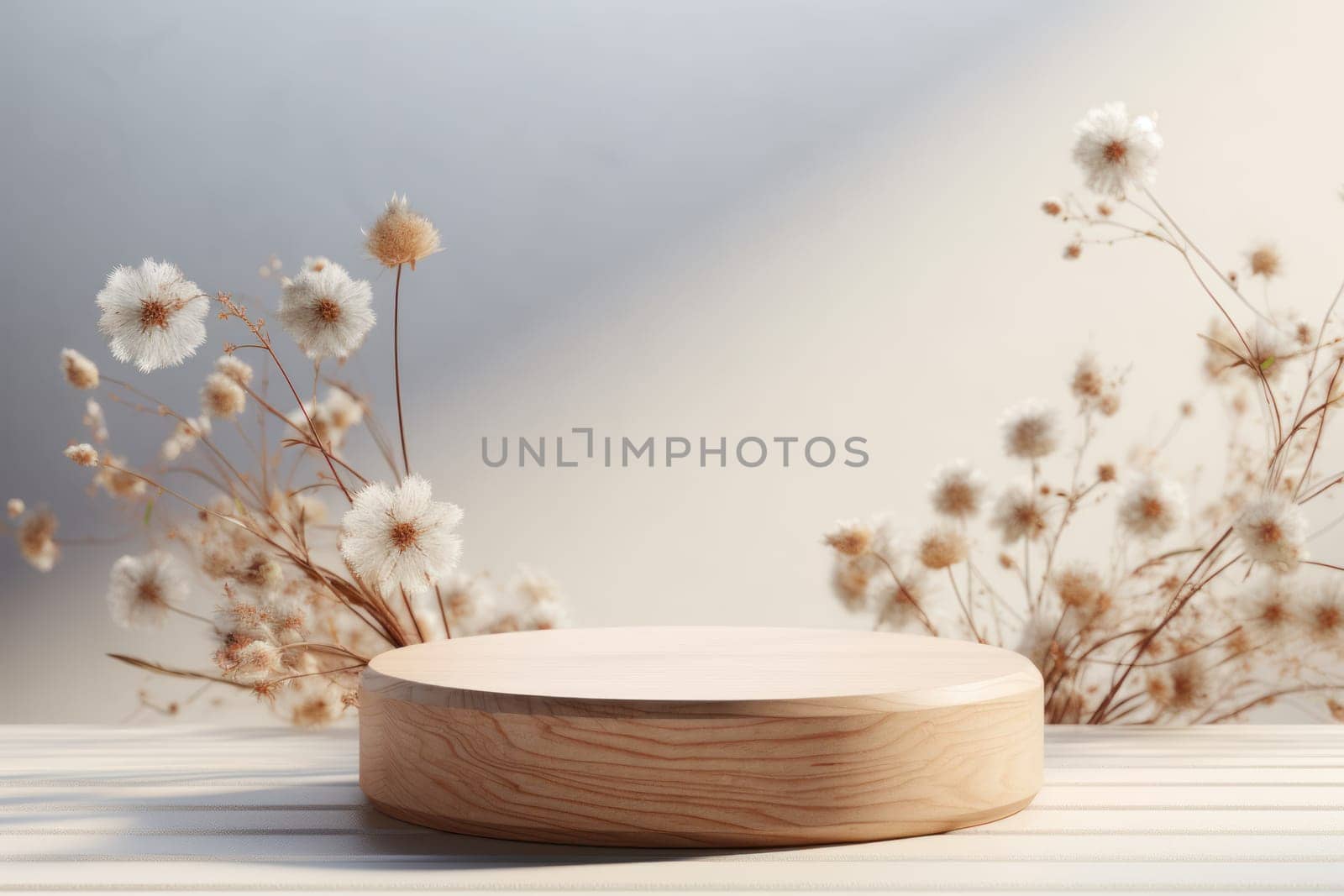 Empty minimal natural wooden podium background for product.