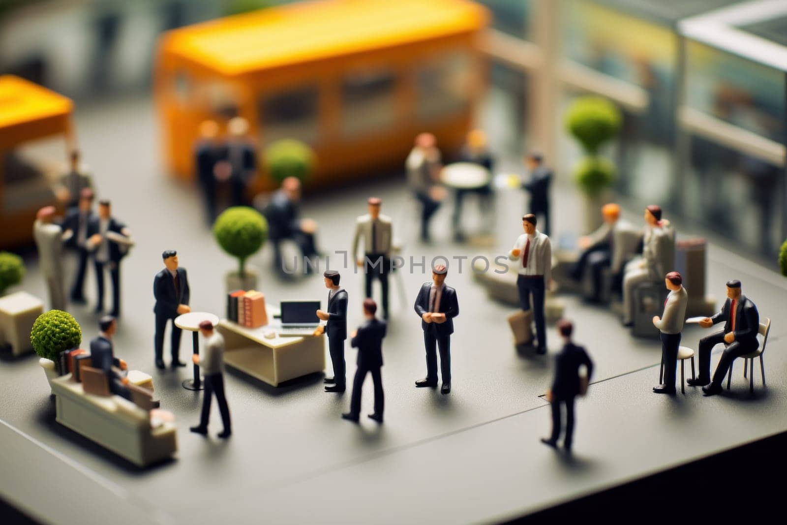 Miniature model a europe group of employees are sitting in a meeting.