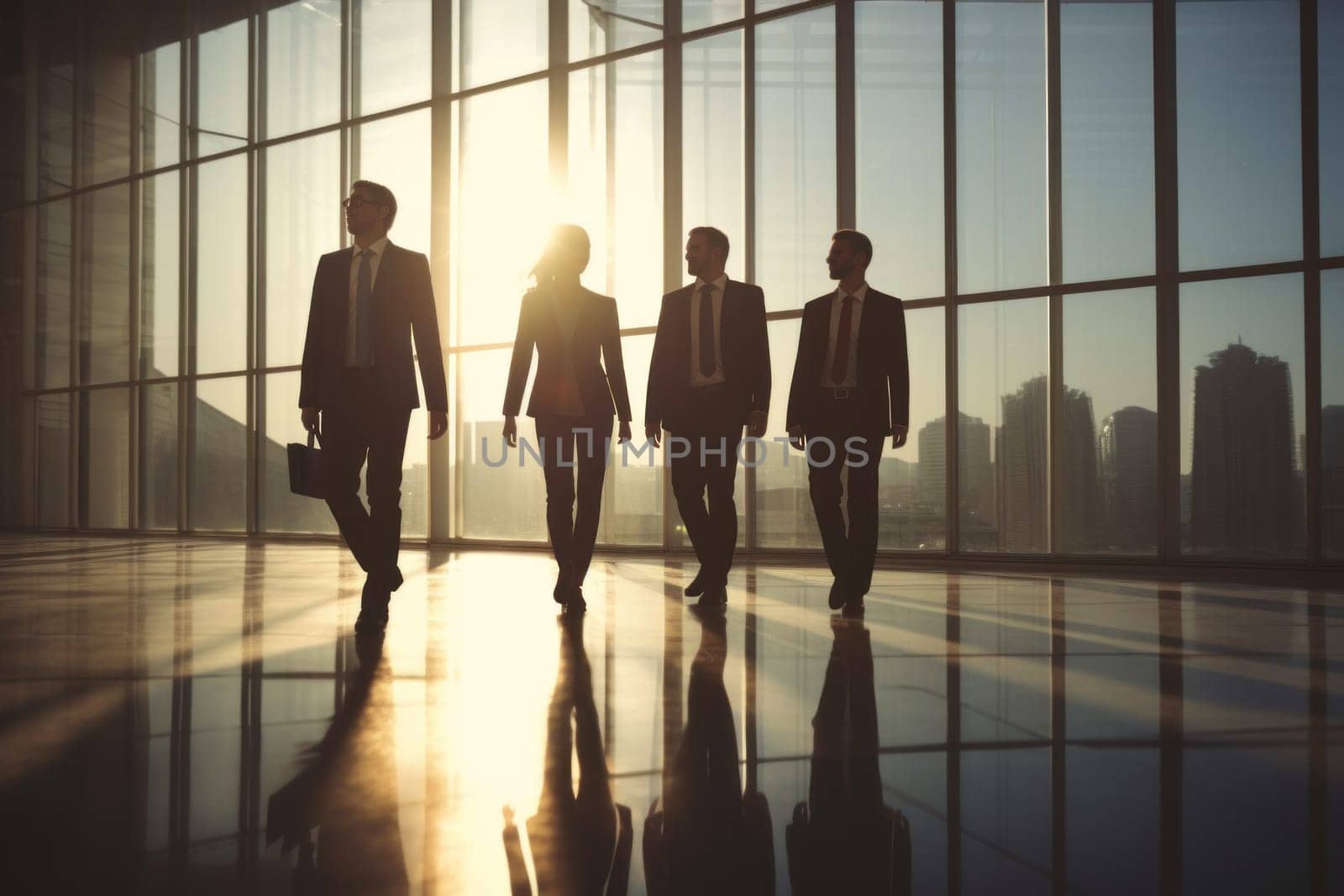 Group of business people walking outside in front of office building with blurred background.